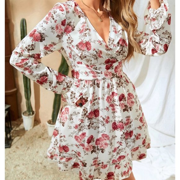 NEW! Floral Print A-Line Long Sleeve Dress - Picture 3 of 3